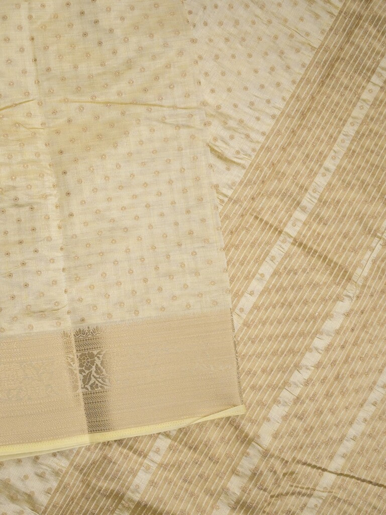 Dupion fancy saree cream color allover zari motifs & zari border with stripes pallu and running blouse