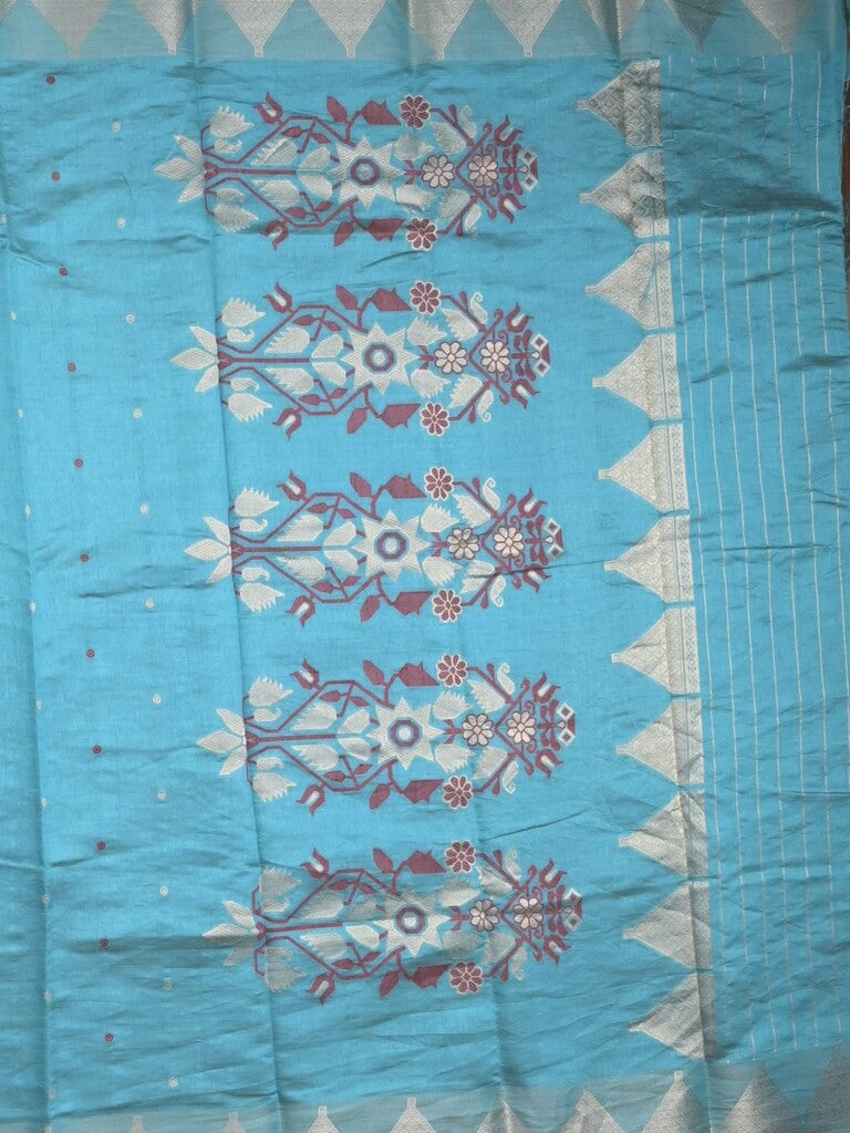 Dupion fancy saree sky blue color allover zari motifs & zari border with zari pallu and running blouse