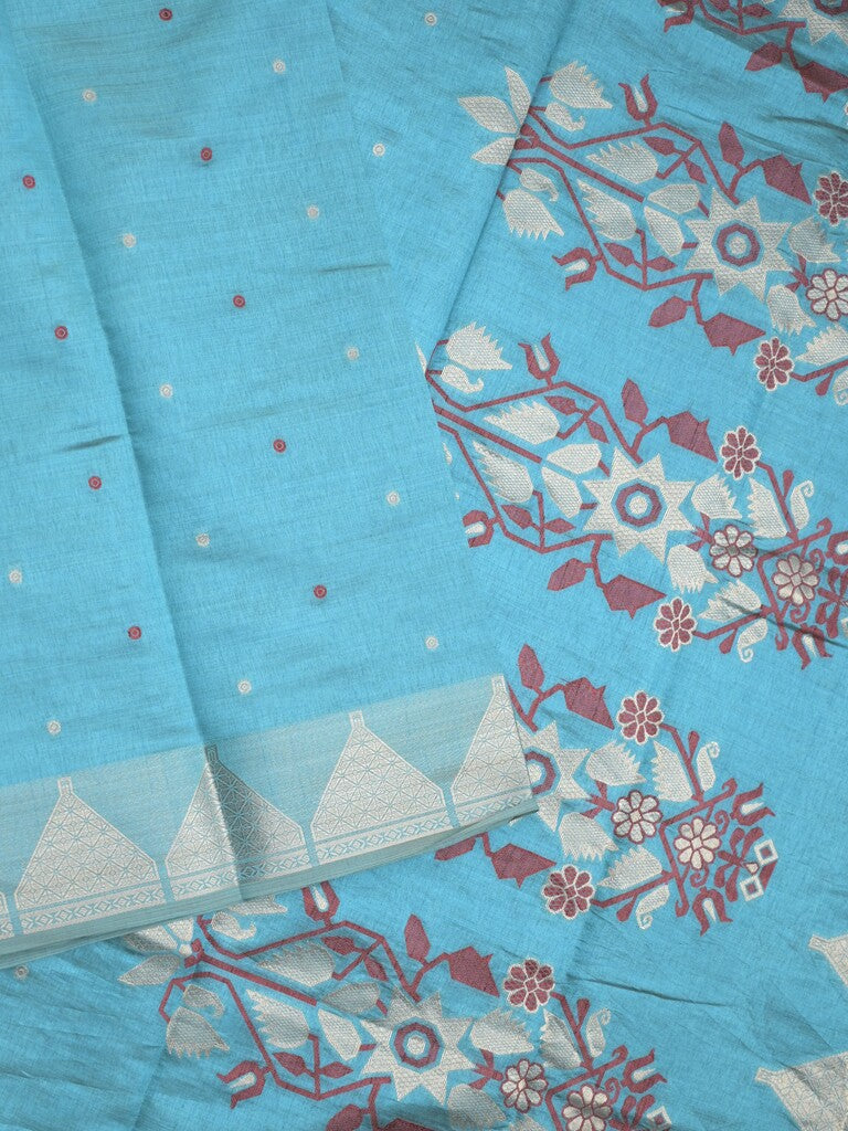 Dupion fancy saree sky blue color allover zari motifs & zari border with zari pallu and running blouse