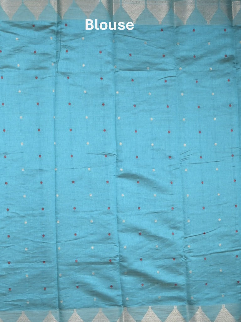 Dupion fancy saree sky blue color allover zari motifs & zari border with zari pallu and running blouse