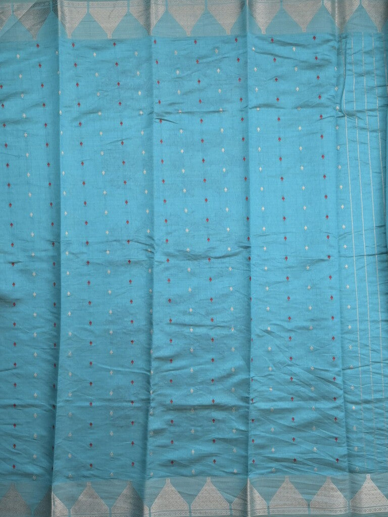 Dupion fancy saree sky blue color allover zari motifs & zari border with zari pallu and running blouse