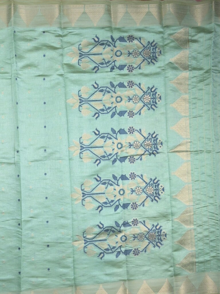 Dupion fancy saree sea blue color allover zari motifs & zari border with zari pallu and running blouse