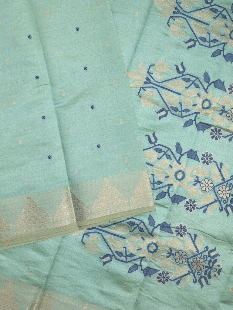 Dupion fancy saree sea blue color allover zari motifs & zari border with zari pallu and running blouse