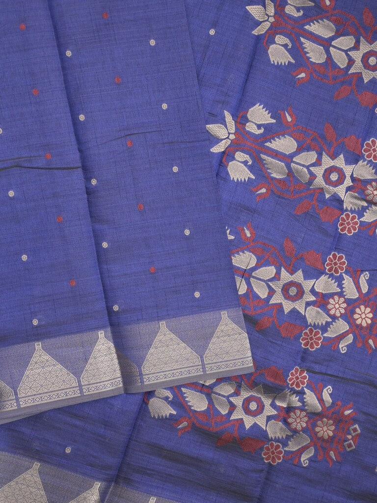 Dupion fancy saree royal blue color allover zari motifs & zari border with zari pallu and running blouse