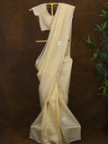 Crush organza fancy saree cream color allover embroidery motifs & embroidery border with running pallu and stitched blouse
