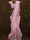Crush organza fancy saree baby pink color allover embroidery motifs & embroidery border with running pallu and stitched blouse