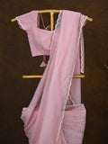 Crush organza fancy saree baby pink color allover embroidery motifs & embroidery border with running pallu and stitched blouse