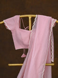 Crush organza fancy saree baby pink color allover embroidery motifs & embroidery border with running pallu and stitched blouse
