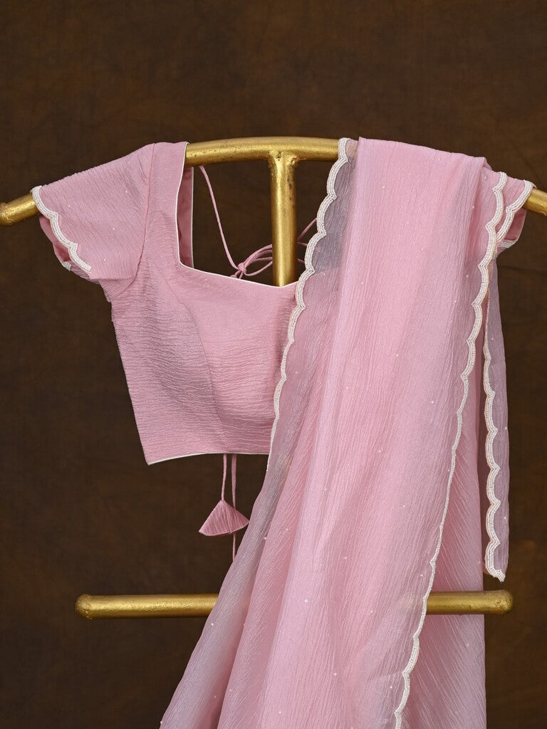 Crush organza fancy saree baby pink color allover embroidery motifs & embroidery border with running pallu and stitched blouse