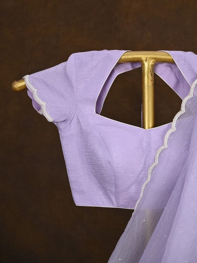 Crush organza fancy saree lavender color allover embroidery motifs & embroidery border with running pallu and stitched blouse