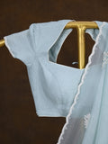 Crush organza fancy saree light blue color allover embroidery motifs & embroidery border with running pallu and stitched blouse