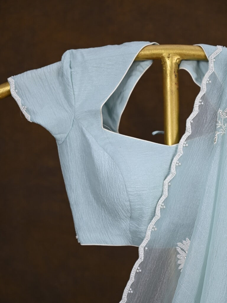 Crush organza fancy saree light blue color allover embroidery motifs & embroidery border with running pallu and stitched blouse