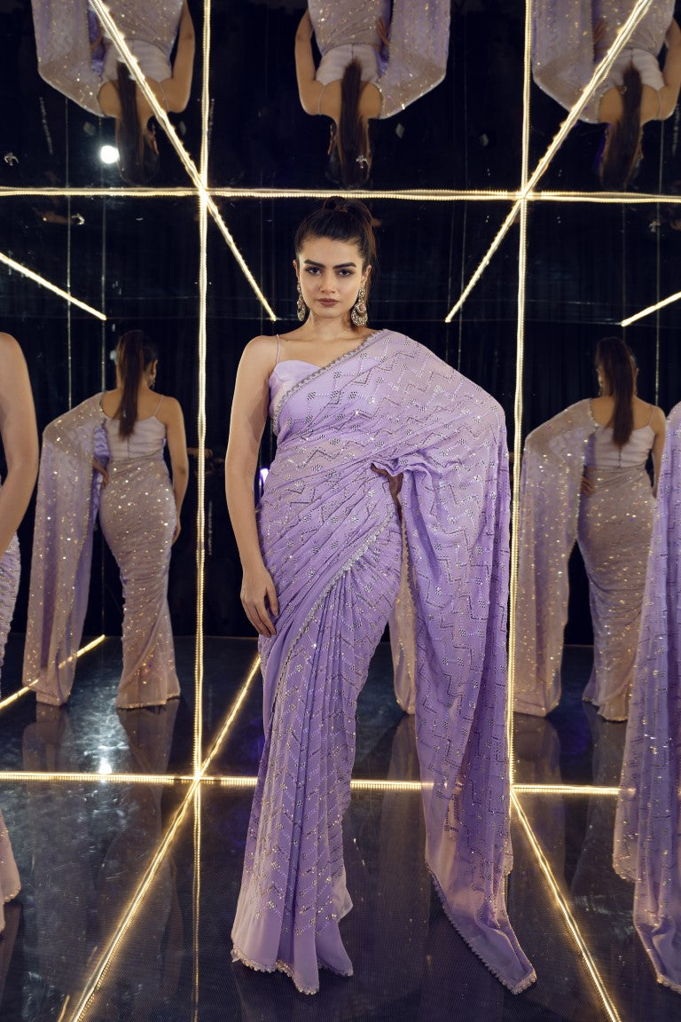 Sequence georgette saree lavender color with allover work, running pallu and work blouse