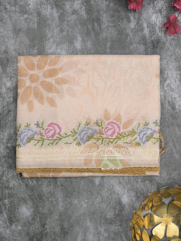 Silk kota fancy saree light peach color allover prints & fancy embroidery border with running pallu and printed blouse