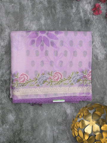 Silk kota fancy saree light lavender color allover prints & fancy embroidery border with running pallu and printed blouse