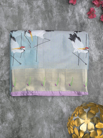 Silk kota fancy saree light blue color allover embroidery motifs & zari border with zari pallu and attached plain blouse