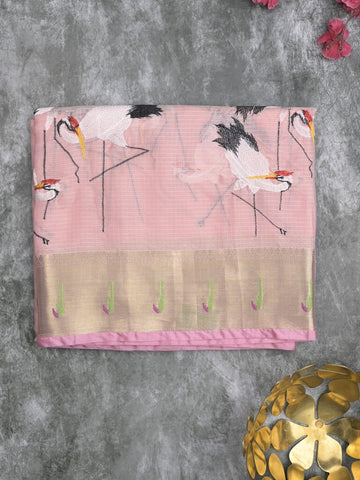 Silk kota fancy saree baby pink color allover embroidery motifs & zari border with zari pallu and attached plain blouse