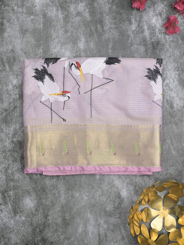 Silk kota fancy saree light lavender color allover embroidery motifs & zari border with zari pallu and attached plain blouse