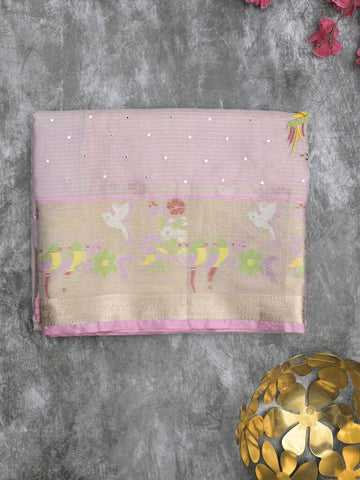 Silk kota fancy saree light pastel purple color allover embroidery, mirror work & zari border with running pallu and plain blouse