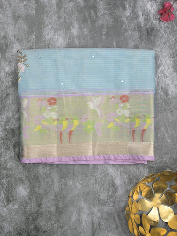 Silk kota fancy saree light lavender color allover embroidery motifs & zari border with zari pallu and attached plain blouse Copy