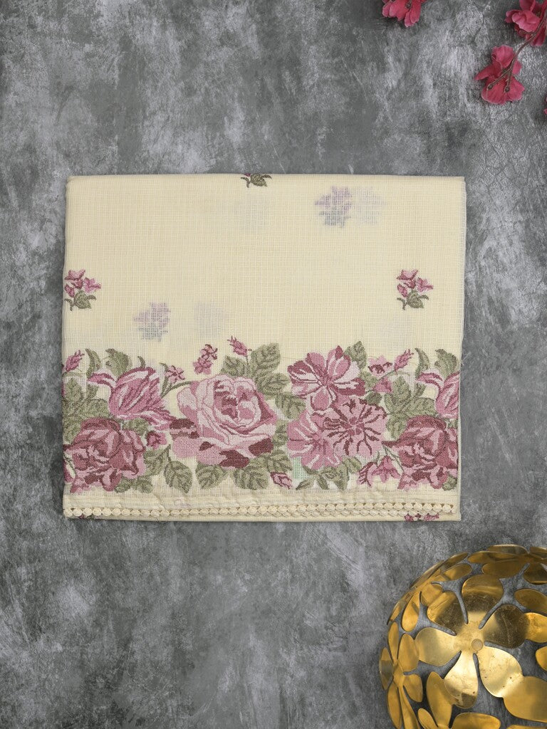 Kota fancy saree pastel yellow color allover embroidery motifs & fancy embroidery border with running pallu and plain blouse