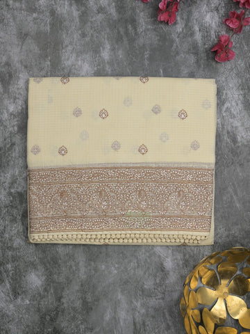 Kota fancy saree pastel yellow color allover embroidery & fancy border with running pallu and attached self blouse