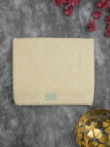 Kota fancy saree pastel yellow color allover embroidery & fancy border with running pallu and attached plain blouse