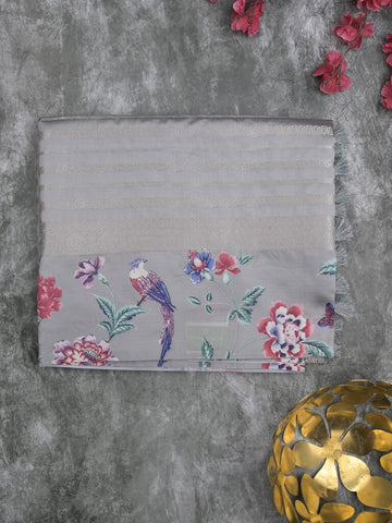 Dupion fancy saree grey color allover stripes & printed border with printed pallu and printed blouse
