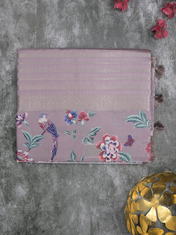 Dupion fancy saree light purple color allover stripes & printed border with printed pallu and printed blouse