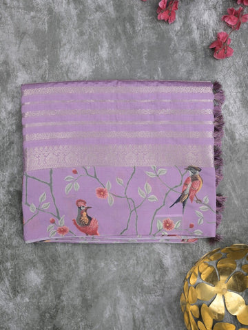 Dupion fancy saree purple color allover stripes & printed border with printed pallu and printed blouse