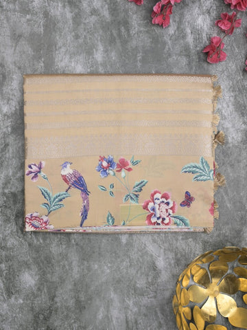 Dupion fancy saree beige color allover stripes & printed border with printed pallu and printed blouse