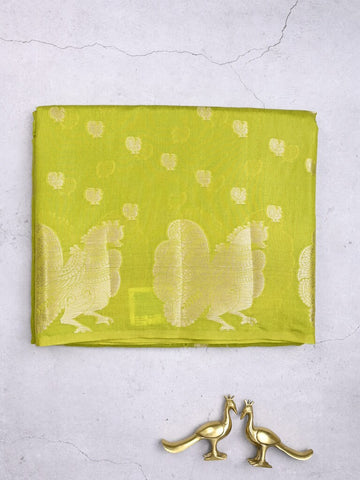 Green mango fancy saree parrot green color allover zari motifs & zari border with brocade pallu and contrast blouse