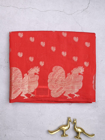 Green mango fancy saree red color allover zari motifs & zari border with brocade pallu and contrast blouse