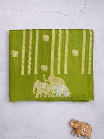 Green mango fancy saree parrot green color allover zari motifs & zari border with brocade pallu and contrast blouse
