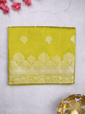 Dupion fancy saree parrot green color allover zari butis & zari border with zari pallu and contrast blouse