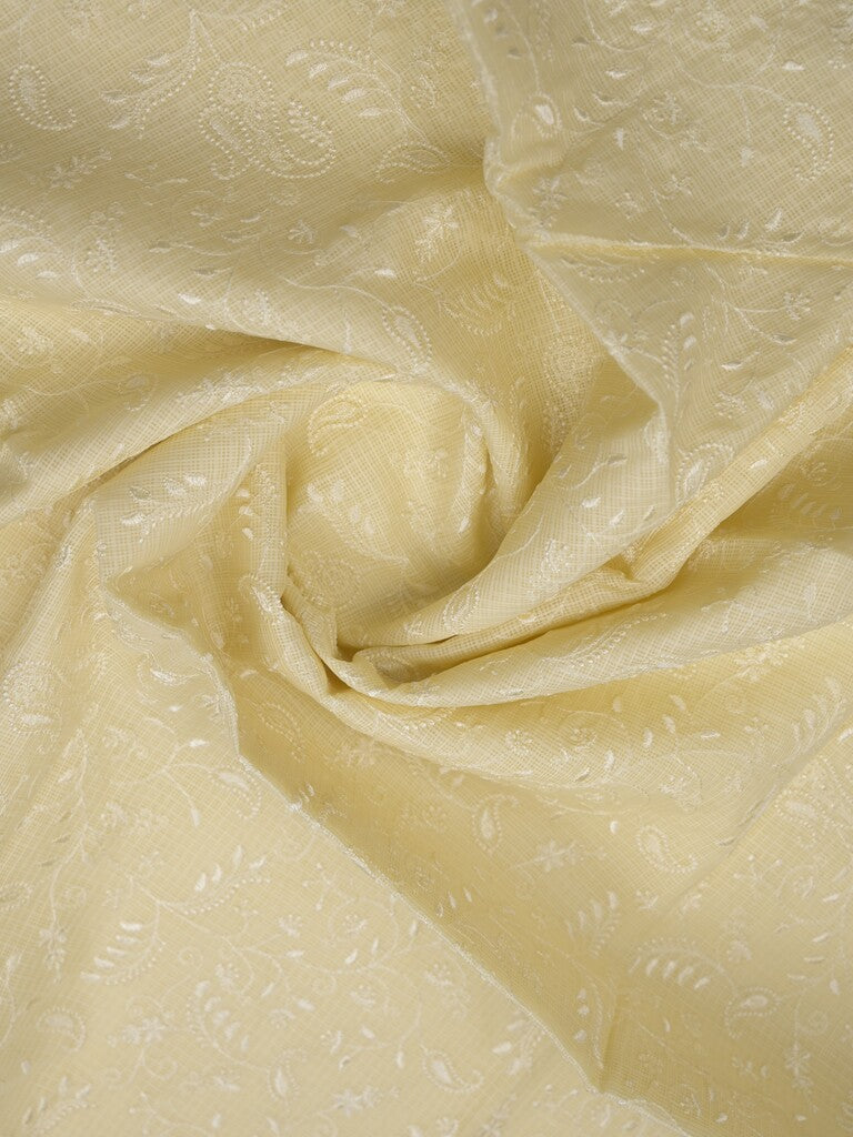 Kota fancy saree pastel yellow color allover embroidery & fancy border with running pallu and attached plain blouse