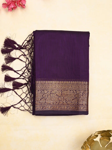 Chanderi fancy saree violet color allover plain & zari border with zari pallu and running blouse