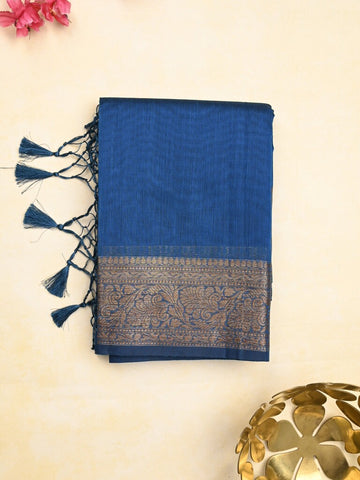 Chanderi fancy saree royal blue color allover plain & zari border with zari pallu and running blouse