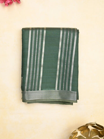 Dupion fancy saree bottle green color allover stripes & zari border with zari pallu and brocade blouse