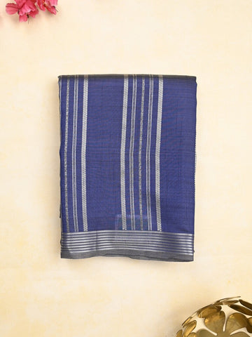 Dupion fancy saree navy blue color allover stripes & zari border with zari pallu and brocade blouse