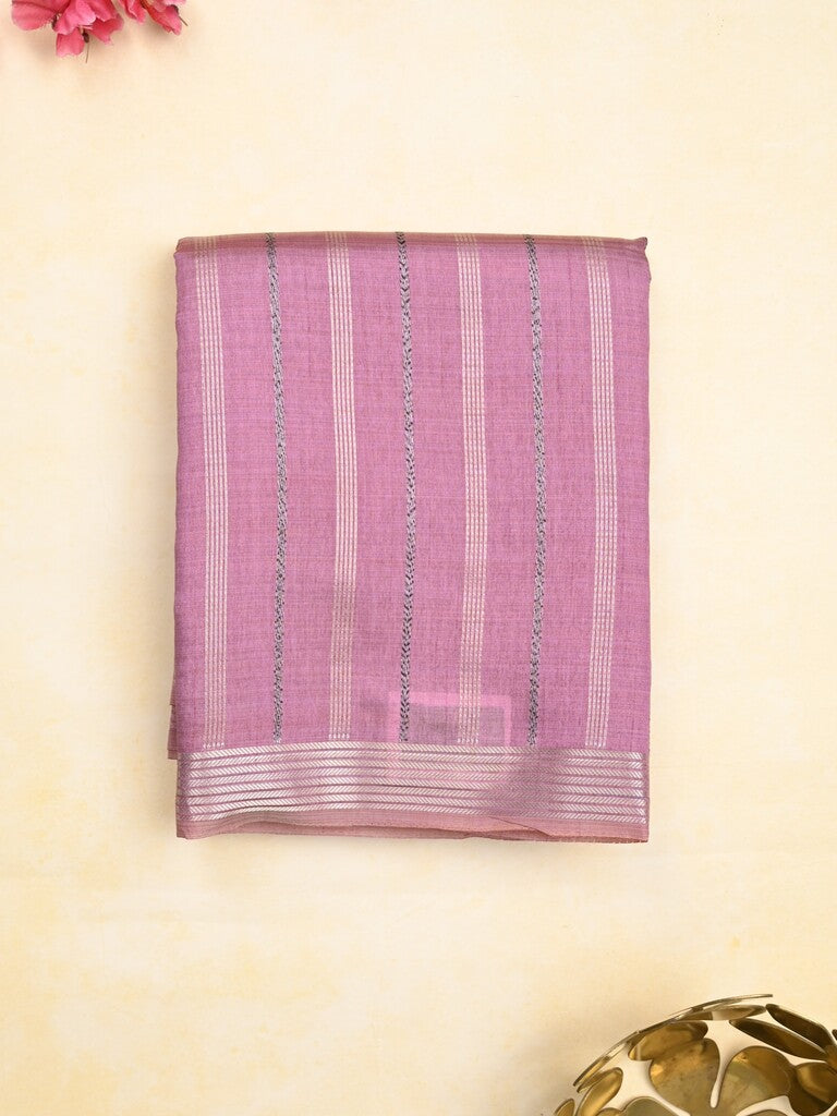 Dupion fancy saree light purple color allover stripes & zari border with zari pallu and brocade blouse