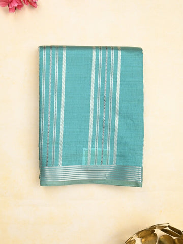 Dupion fancy saree sky blue color allover stripes & zari border with zari pallu and brocade blouse