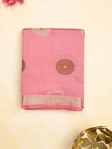 Dupion fancy saree baby pink color allover motifs & zari border with zari pallu and brocade blouse
