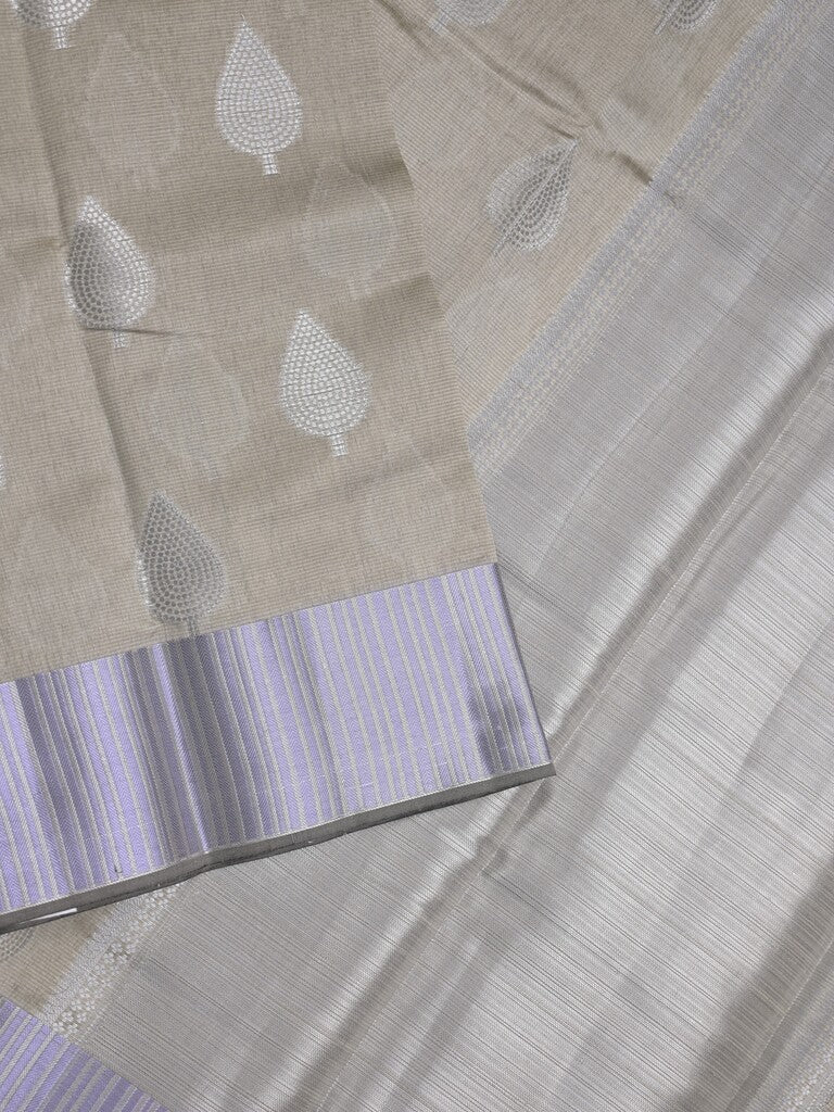 Chanderi fancy saree light grey color allover zari motifs & zari border with short pallu and attached blouse