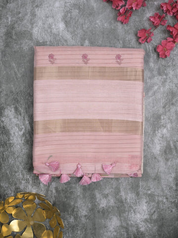 Tussar fancy saree baby pink color allover prints & small kaddi border with printed pallu and attached plain blouse