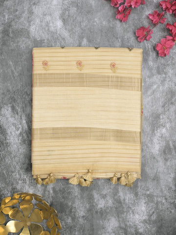 Tussar fancy saree cream color allover prints & small kaddi border with printed pallu and attached plain blouse