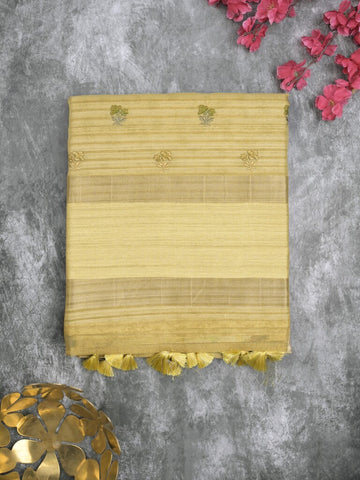 Tussar fancy saree light yellow color allover prints & small kaddi border with printed pallu and attached plain blouse
