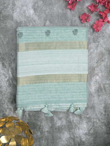 Tussar fancy saree light blue color allover prints & small kaddi border with printed pallu and attached plain blouse