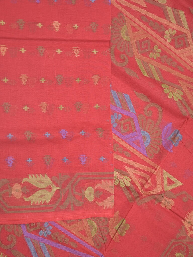Bengali cotton saree red color allover weaves and weaving border with weaving pallu