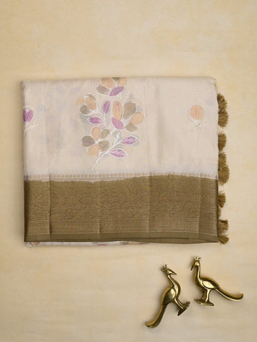 Mashru silk fancy saree white color allover prints & zari border with plain pallu and printed blouse